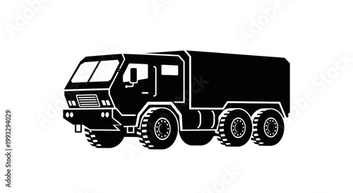 Black military cargo truck with six wheels on white background flat illustration