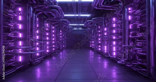 Futuristic neon purple server room data center corridor.
