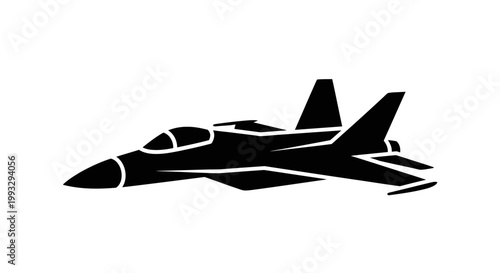 Black military fighter jet flying on a plain white background flat illustration