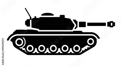 Black military tank silhouette isolated on white background flat illustration