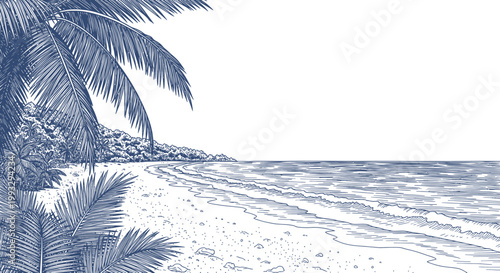 Palm Trees Overlooking a Serene Beach and Ocean Vista.