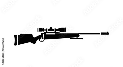 Sniper rifle silhouette with optical scope and bipod on white background flat illustration