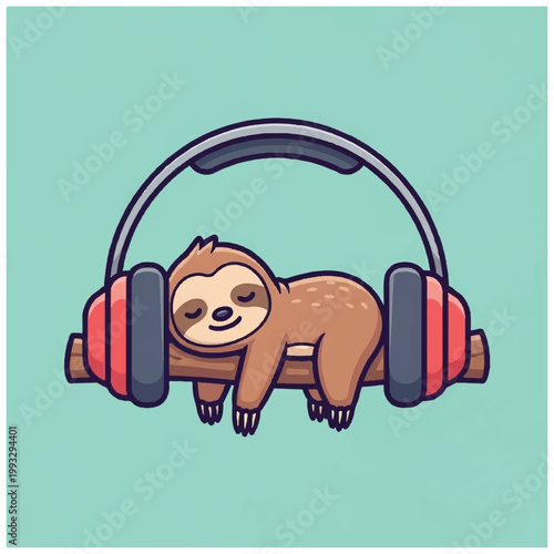 Obraz na plátně Cute Sloth Sleeping on a Barbell with Headphones.