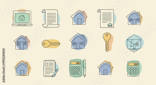 Real Estate and Property Management Icon Set with Houses and Documents.