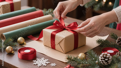 female hands wrapping christmas gift box with red satin ribbon on wooden table with wrapping paper rolls pine branches and ornaments holiday preparation concept