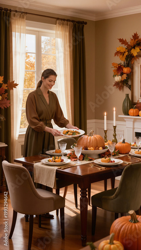 woman in brown dress setting thanksgiving dinner table with pumpkins autumn leaves candles and elegant tableware in warm traditional dining room interior