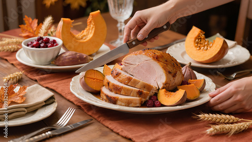 thanksgiving dinner with hands carving sliced roasted turkey breast on plate with pumpkin cranberries sweet potato autumn leaves and wheat harvest table