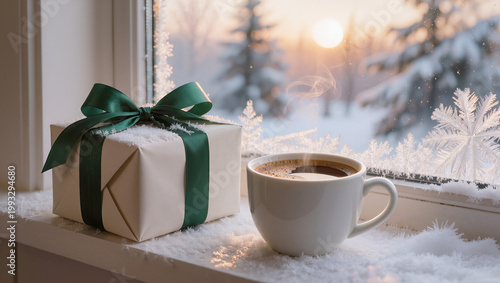 christmas gift box with dark green ribbon and steaming coffee cup on window sill with frost and snow covered winter landscape outside cozy holiday morning