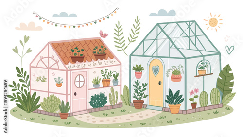 Cute greenhouse illustration with potted plants, flowers, and garden decor cozy gardening scene with two glass houses, butterfly, and bunting flags