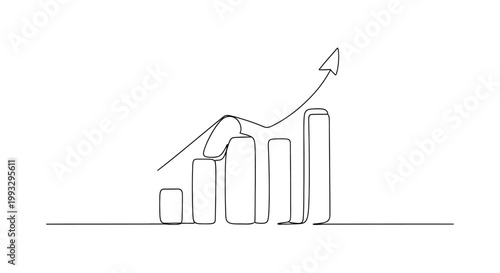 Continuous line drawing of a bar chart with an upward trending arrow, symbolizing growth and success.