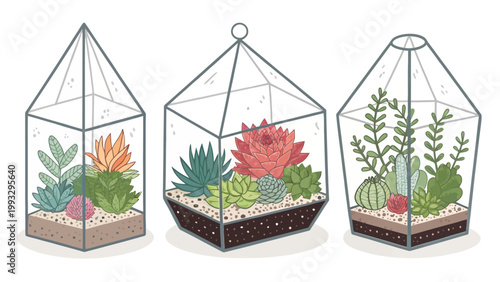 Set of three glass terrariums with various succulents and cacti, handdrawn vector illustration of indoor plants in geometric containers