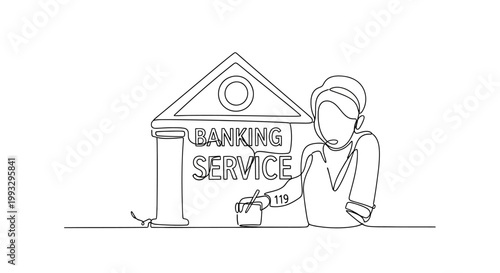 Banker serving customer at counter with banking service sign, financial concept