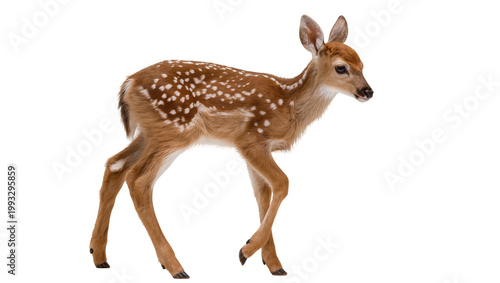 Konstfotografi Spotted fawn standing sideways with alert ears and dark eyes