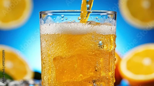Orange soda pouring into glass with ice on blue background