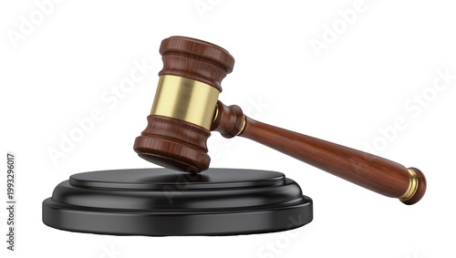 Wooden gavel with gold head resting on black base