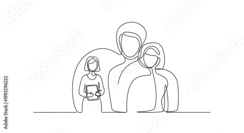 Family Portrait Line Art: Parents and Child, Minimalist Continuous Drawing