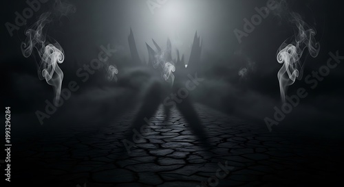 Dark, desolate landscape features cracked ground shrouded in heavy mist with plumes of smoke rising toward a bright, central light source.