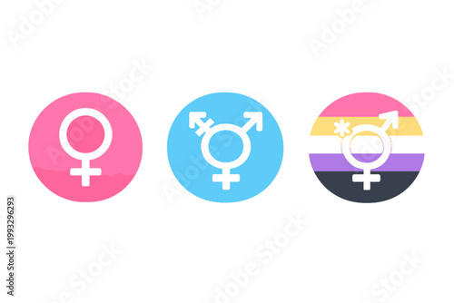 Flat vector icons representing gender diversity with female, transgender, and non-binary symbols on colorful circular buttons, perfect for LGBTQ+ pride, social inclusion, and identity concepts.
