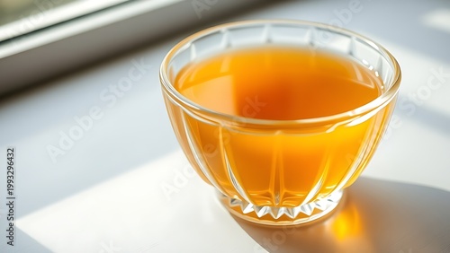 Crystal clear glass bowl filled with golden consomme soup, natural window lighting.