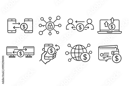 P2P Peer to Peer Payment Icon Set with Digital Transaction, Decentralized Network, Mobile Wallet, Online Money Transfer, Global Banking, and Secure Financial Technology Line Art Vector Illustrations.