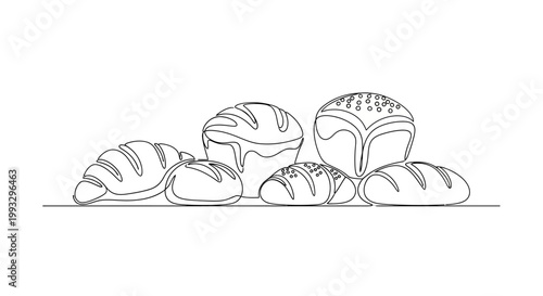 Artistic Line Drawing of Assorted Bread Loaves on a White Background