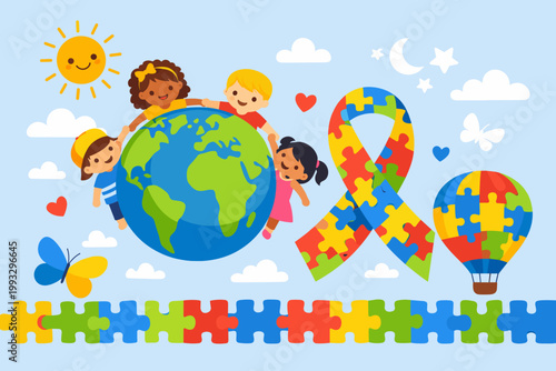 World Autism Awareness Day Banner with Diverse Children Holding Hands Around the Globe, Puzzle Ribbon, and Hot Air Balloon. Flat Vector Illustration for Autism Acceptance and Global Support.