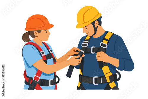 Two workers in hard hats and safety harnesses adjusting straps for fall protection. Flat vector illustration of industrial safety equipment, teamwork, and occupational health for height safety.