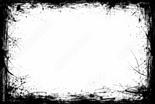 Distressed vector grunge frame with scratchy eroded edges and vintage border. Rough texture with cracks, dirt splatters, and aged look. Black and white decorative background for creative design.