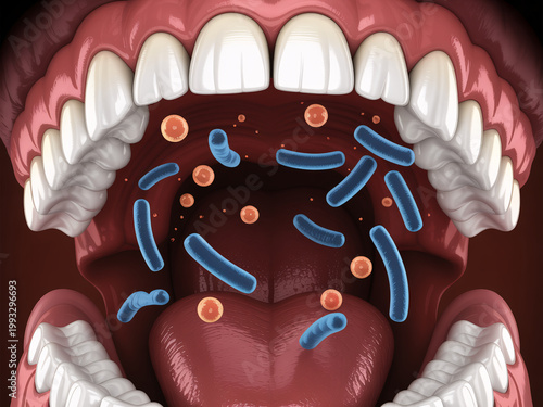 A detailed illustration of bacteria in an open mouth with white teeth