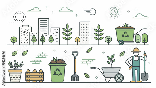 Set of gardening and urban farming icons with city buildings, plants, tools, and a gardener, flat vector illustration