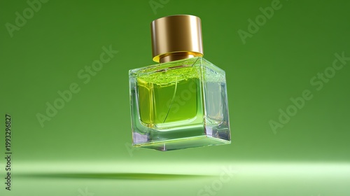 Fragrance in Bloom: A transparent perfume bottle, elegantly floating against a vibrant green backdrop, showcasing the essence of freshness and sophistication.