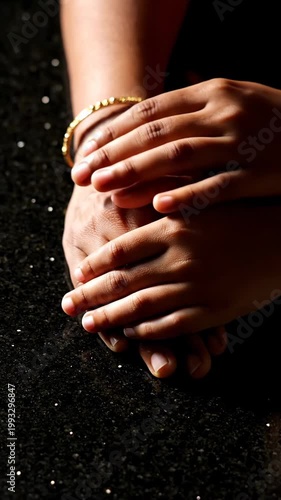 A comforting close-up shot shows an older hand gently holding a younger hand, adorned with a simple golden bracelet, against a dark, shimmering background.