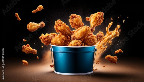 crispy fried chicken extravaganza a mouthwatering spectacle of golden crispy fried chicken pieces erupting from a classic bucket showcasing deliciousness