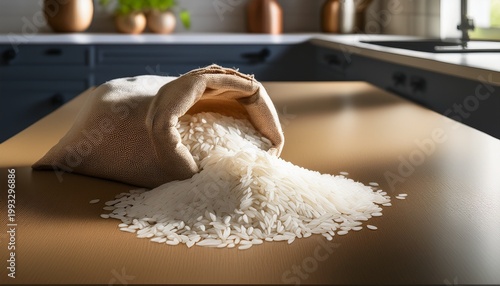 bag of rice with grains spilling out on a clean kitchen countertop