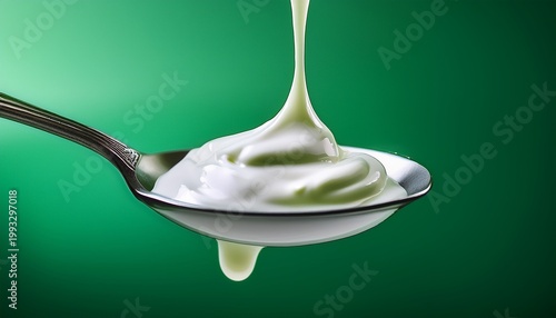 fresh natural yogurt or cream on the metal spoon isolated on green background photorealistic generative art