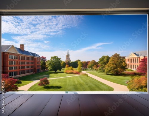 back college vibes concept view through a window showcasing a campus landscape and buildings