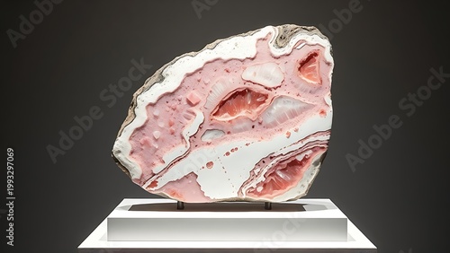 Polished slab of pegmatite rock showing intricate crystal patterns.