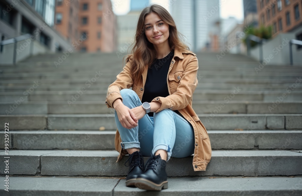 Fototapeta premium Young woman smiles sitting on city stairs. She wears jeans and a jacket. Casual attire, modern urban backdrop. She looks happy and relaxed on a sunny day outdoors. She uses a smartphone.