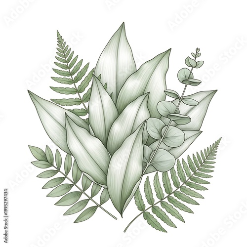 Various green foliage elements arranged artfully in a naturalistic cluster