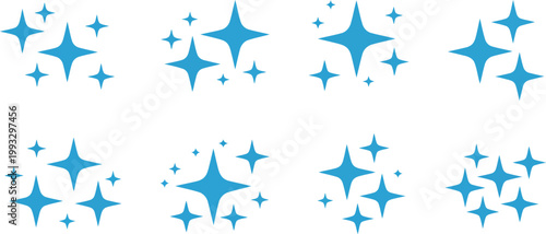 Array of several sparkling blue star icons signifying cleanliness and brightness on a plain white surface