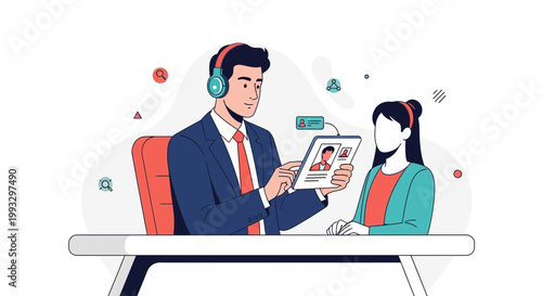 Business meeting: man with headphones interviews woman, showing tablet with profile