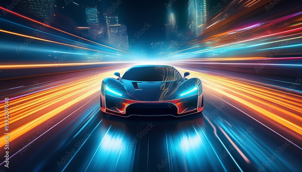 Naklejka premium futuristic sports car riding on high speed in the night neon street lights blurred in motion generative art