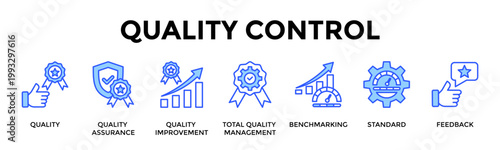 Quality Control  Banner Web  Icon Set Collection Pack Vector Illustration Concept Containing Quality, Quality Assurance, Quality Improvement, Total Quality Management, Benchmarking, Standard, Feedback