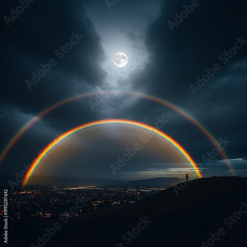 Double lunar rainbow arches over a darkened cityscape viewed from a silhouetted hilltop
