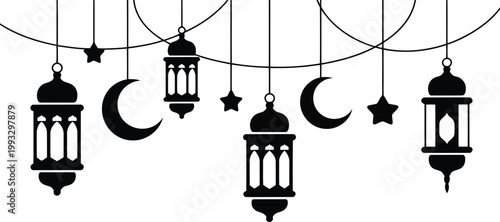 Black lanterns and crescent moon symbols hang elegantly for Islamic holiday celebrations