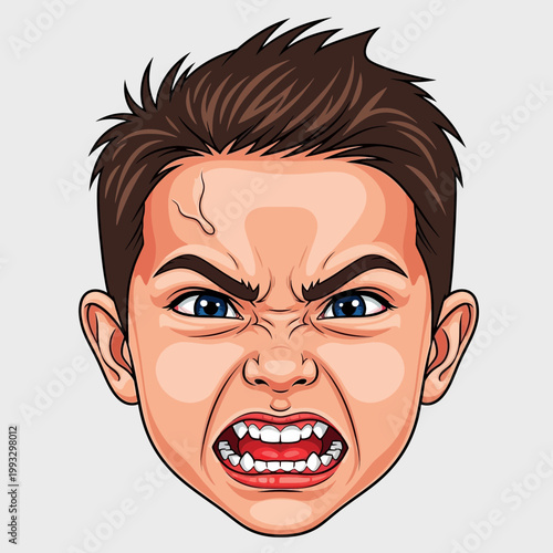 Angry cartoon boy with furrowed brow.