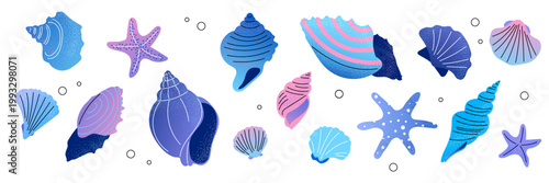 Set of colorful cartoon sea shells and starfish in various shapes and colors, isolated. For scrapbooking, summer, sea, ocean, beach, vacation, tropical, card design. Flat vector. Hand drawn items.