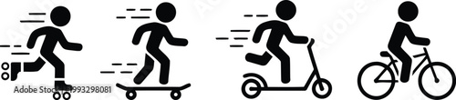 Black silhouette icons illustrate various fast individual transportation methods including rollerblading, skateboarding, scootering, and biking