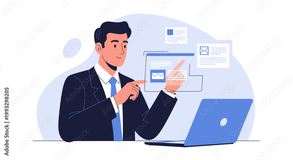 Fototapeta premium Businessman interacting with digital interface, data analysis, laptop, modern office concept