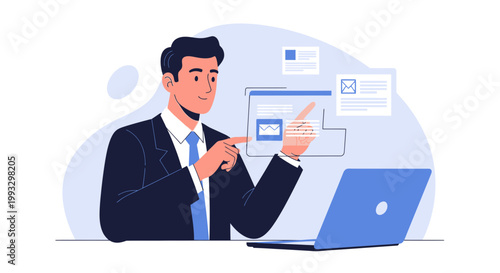 Businessman interacting with digital interface, data analysis, laptop, modern office concept